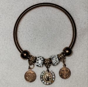 Stretch Charm Bracelet St. Benedict Medallion White Gem Beads Gold Tone